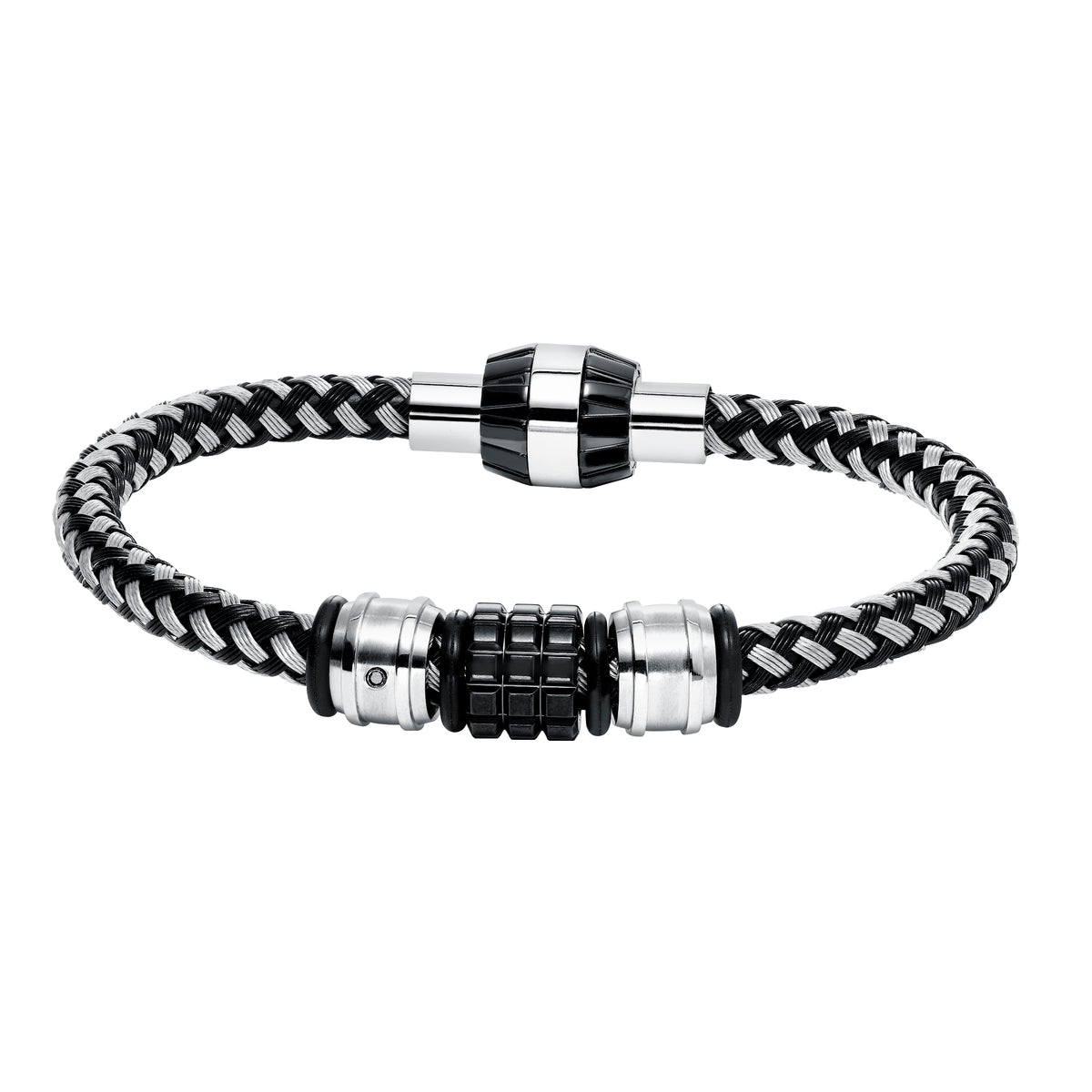 Braided 316L Stainless Steel & Black Wire Bracelet with Engine-Inspired Steel & Black PVD Closure with Parts & Black Diamond Accent