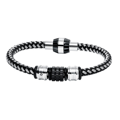 Braided 316L Stainless Steel & Black Wire Bracelet with Engine-Inspired Steel & Black PVD Closure with Parts & Black Diamond Accent