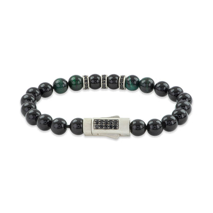 8..5 Green Tiger Eye & Blk Onyx Beaded Stone Brac Magnetic Closure