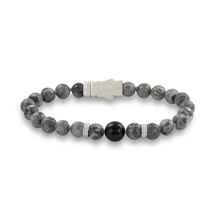8.5 Grey Jasper & Black Onyx Beaded Stone Brac Magnetic Closure