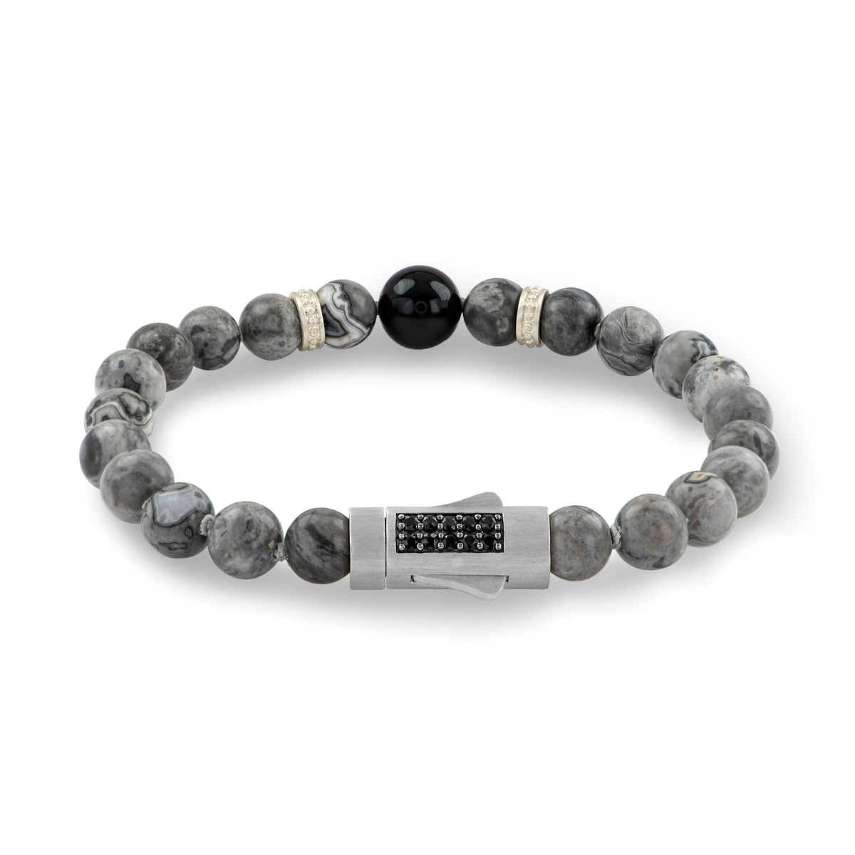8.5 Grey Jasper & Black Onyx Beaded Stone Brac Magnetic Closure
