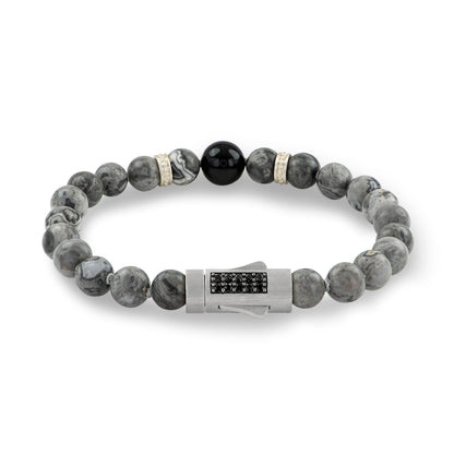 8.5 Grey Jasper & Black Onyx Beaded Stone Brac Magnetic Closure