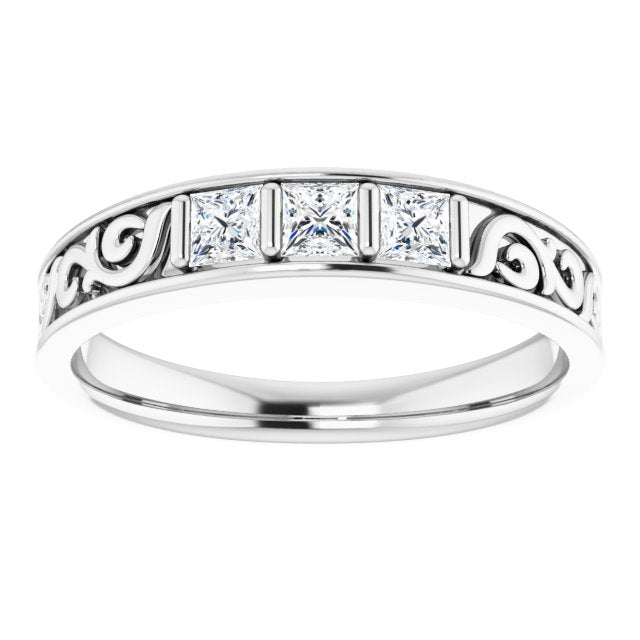 14K White 1/2 CTW Diamond Three-Stone Scroll Ring