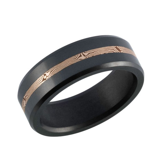 Elysium Ares Matte 14K Rose Gold Mokume Inlay Beveled 8mm Black Pressed Diamond Wedding Band