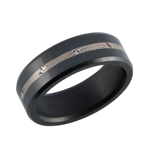 Elysium Ares Matte 14K White Gold Mokume Inlay Beveled 8mm Black Pressed Diamond Wedding Band