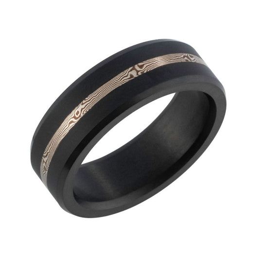 Elysium Ares Matte 14K Yellow Gold Mokume Inlay Beveled 8mm Black Pressed Diamond Wedding Band