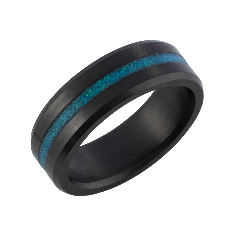 Elysium Ares Matte Opal Blue Inlay Beveled 8mm Black Pressed Diamond Wedding Band