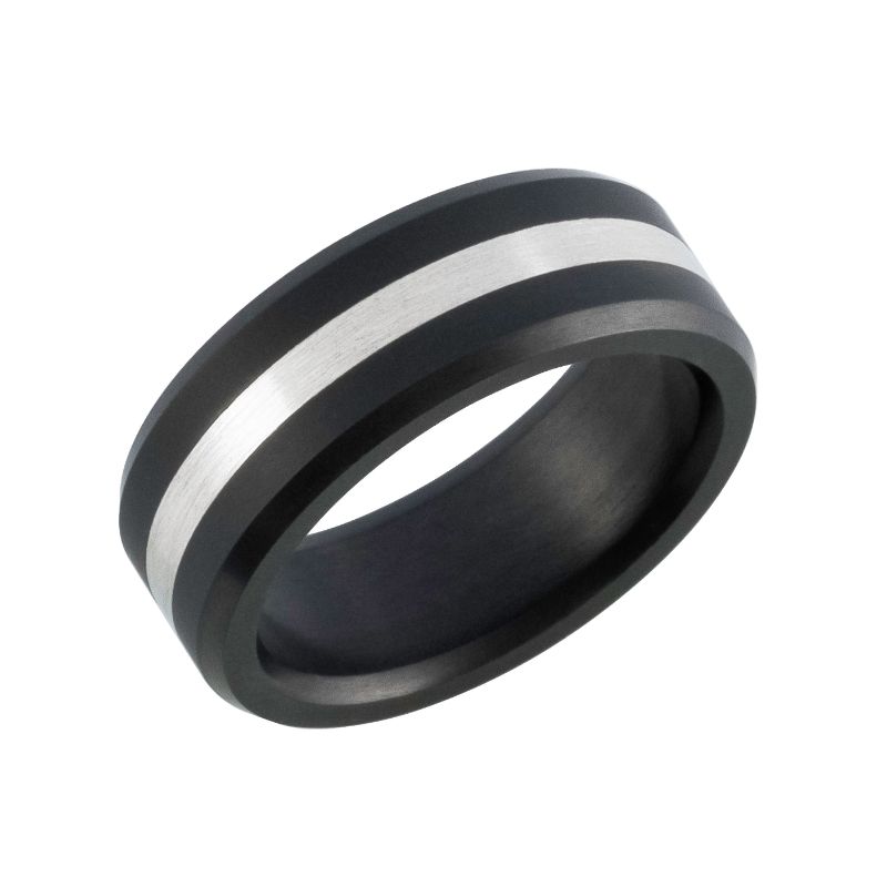 Elysium Ares Matte Platinum Inlay Beveled 8mm Black Pressed Diamond Wedding Band