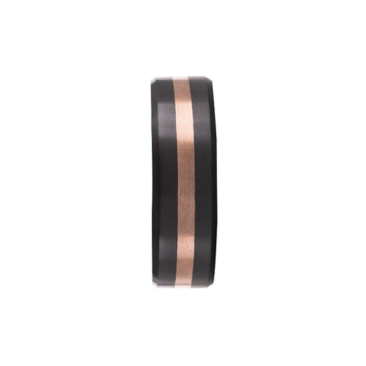 Elysium Ares Polished 18K Rose Gold Inlay Beveled 8mm Black Pressed Diamond Wedding Band