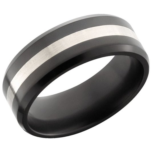 Elysium Ares Polished Silver Inlay Beveled 8mm Black Pressed Diamond Wedding Band