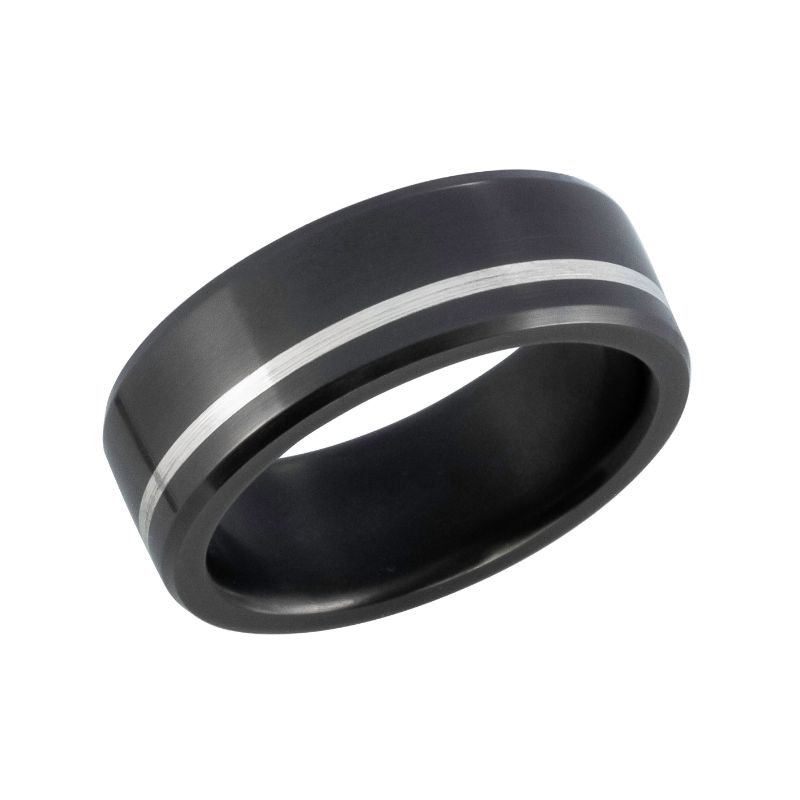 Elysium Ares Polished Offset Silver Inlay Beveled 8mm Black Pressed Diamond Wedding Band