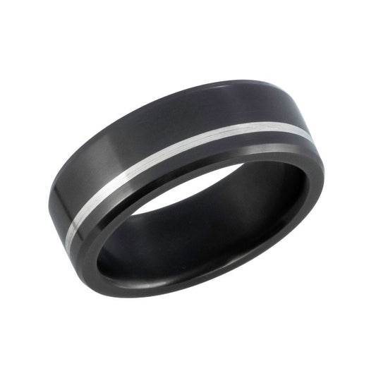 Elysium Ares Polished Offset Silver Inlay Beveled 8mm Black Pressed Diamond Wedding Band