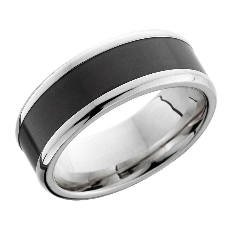 Elysium Ares Polished Reverse Inlay White Gold Beveled 8mm Black Pressed Diamond Wedding Band