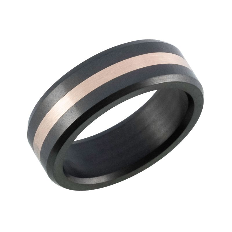 Elysium Ares Satin 18K Rose Gold Inlay Beveled 8mm Black Pressed Diamond Wedding Band