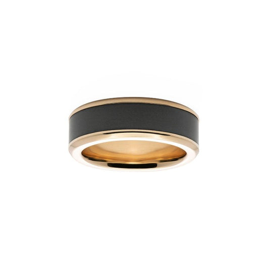Elysium Ares Satin Reverse Inlay Yellow Gold Beveled 8mm Black Pressed Diamond Wedding Band