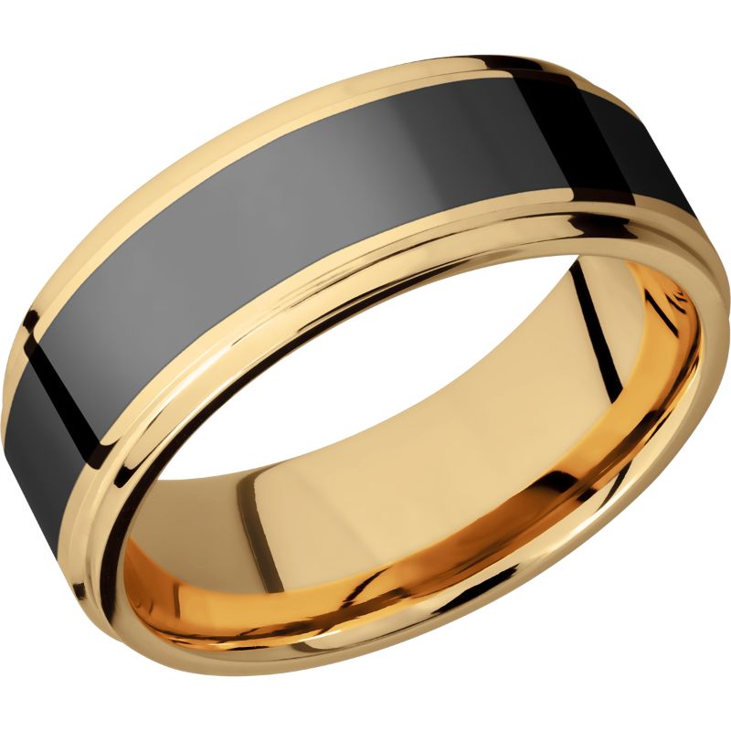 Elysium Poseidon Ledge Polished Reverse Inlay Yellow Gold Flat Ledge 8mm Black Pressed Diamond Wedding Band