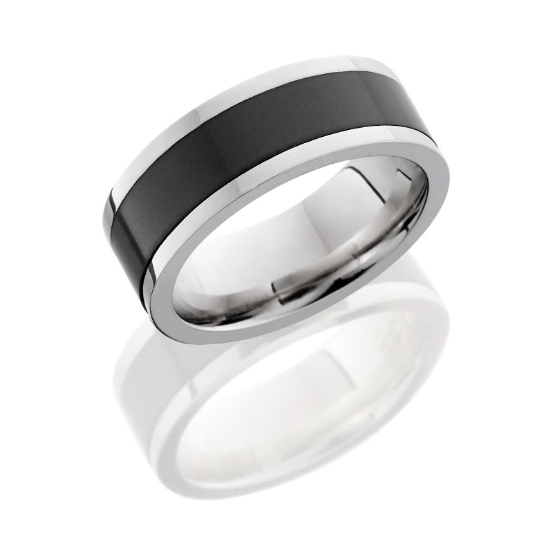 Elysium Poseidon Polished Reverse Inlay Platinum Flat 8mm Black Pressed Diamond Wedding Band