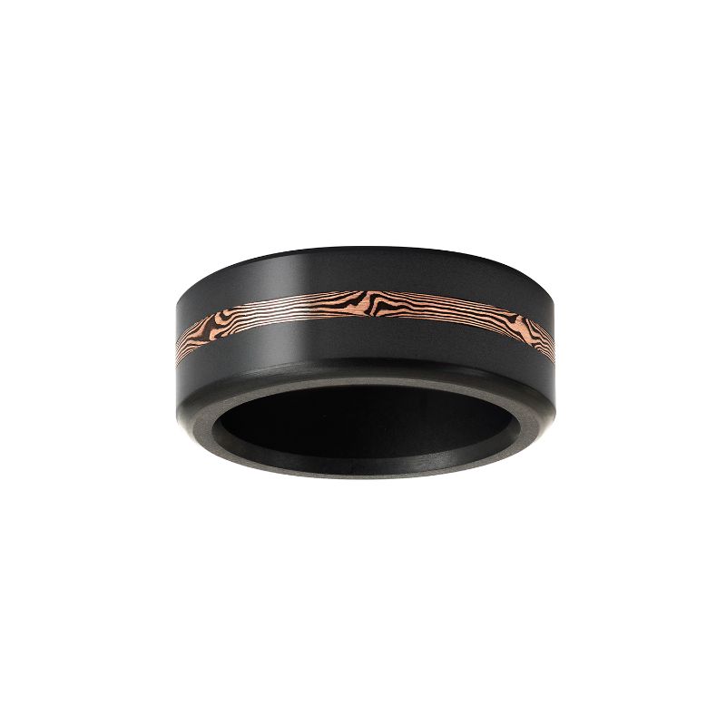 Elysium Kratos Matte 14K Rose Gold Mokume Inlay Rounded 8mm Black Pressed Diamond Wedding Band