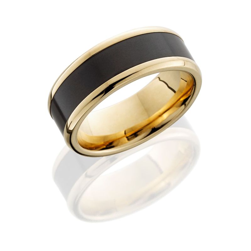 Elysium Kratos Polished Reverse Inlay Yellow Gold Rounded 8mm Black Pressed Diamond Wedding Band