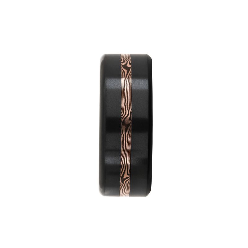 Elysium Kratos Satin 14K Rose Gold Mokume Inlay Rounded 8mm Black Pressed Diamond Wedding Band