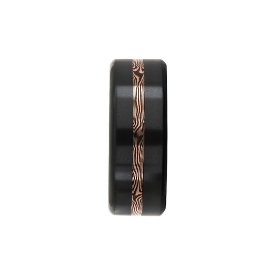 Elysium Kratos Satin 14K Rose Gold Mokume Inlay Rounded 8mm Black Pressed Diamond Wedding Band