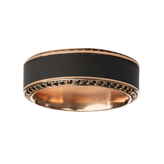 Elysium Zeus Matte Reverse Inlay Rose Gold Normal Bevel With Black Diamond Insets And 8mm Black Pressed Diamond Wedding Band