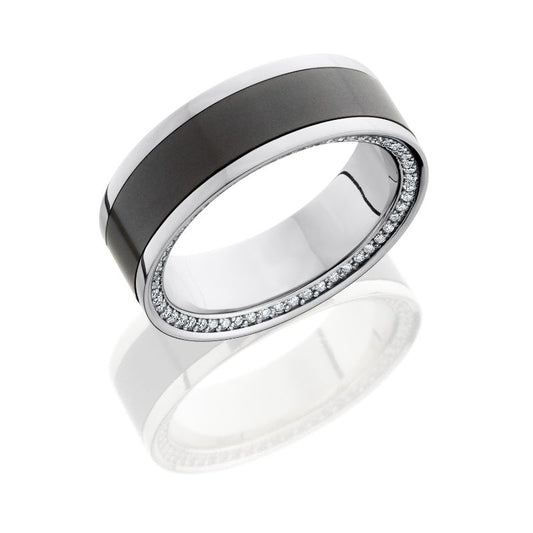 Elysium Zeus Polished Reverse Inlay Platinum Normal Bevel With Black Diamond Insets And 8mm Black Pressed Diamond Wedding Band