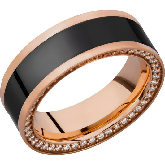 Elysium Zeus Polished Reverse Inlay Rose Gold Normal Bevel With Black Diamond Insets And 8mm Black Pressed Diamond Wedding Band
