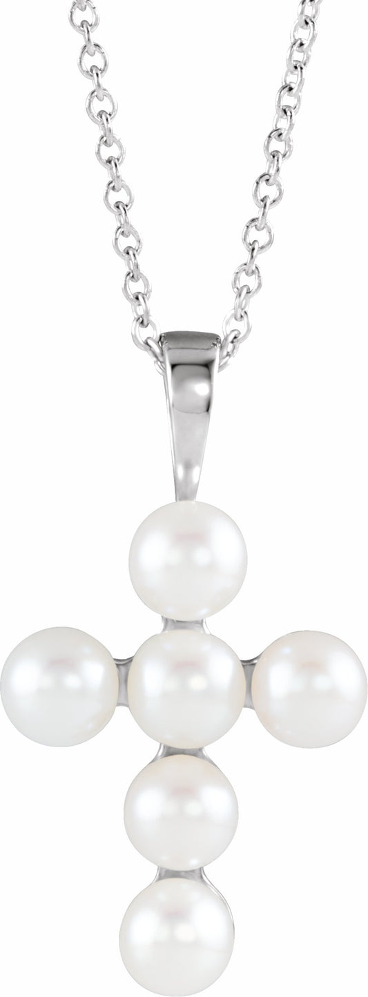 14K White Freshwater Cultured Pearl Cross 16-18 Necklace