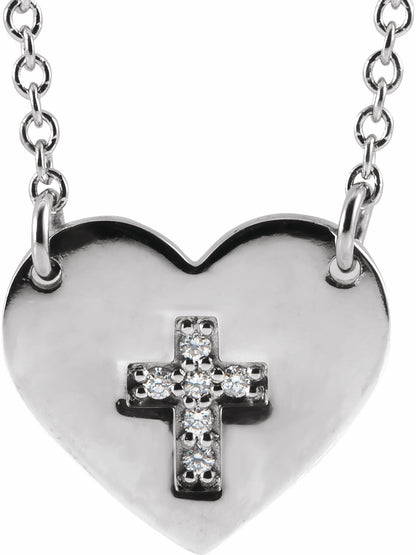 14K White .02 CTW Diamond Heart & Cross 16-18 Necklace