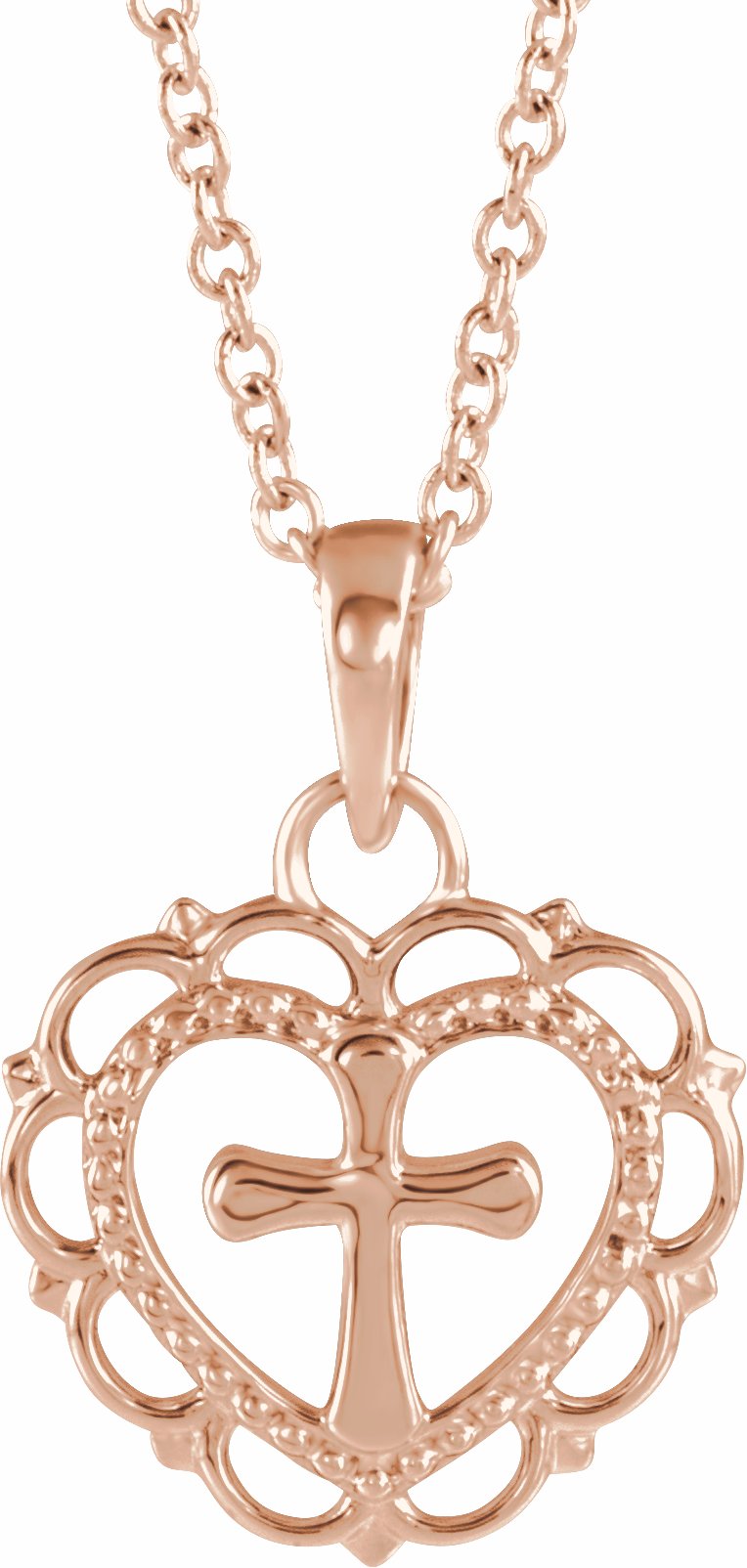 14K Rose Youth Heart with Cross 16-18 Necklace