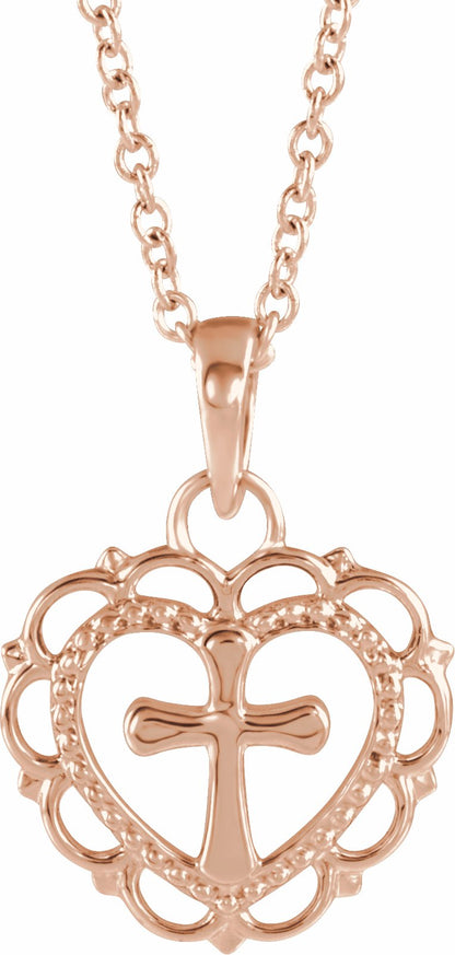 14K Rose Youth Heart with Cross 16-18 Necklace