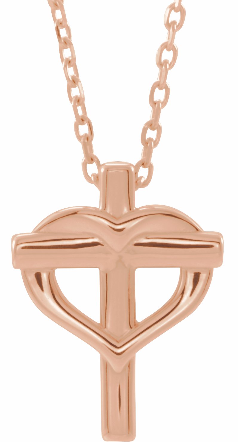 14K Rose Youth Cross with Heart 15 Necklace