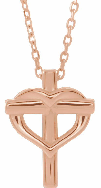 14K Rose Youth Cross with Heart 15 Necklace